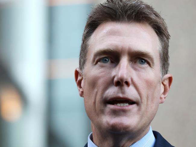 Christian Porter speaking at a press conference outside the Supreme Court after dropping his claims against the ABC for deformation. Jane Dempster/The Australian.