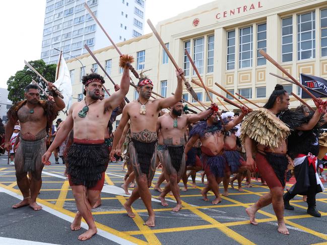 WELLINGTON, NEW ZEALAND - NOVEMBER 19: Hikoi members leave Waitangi Park and walk along the streets heading towards Parliament on November 19, 2024 in Wellington, New Zealand. A hÃÂ«koi has travelled for nine days across New Zealand, culminating at Wellington and Parliament today, as MÃÂori communities march to protect and advocate for the interpretation of the Treaty of Waitangi and MÃÂori rights. (Photo by Hagen Hopkins/Getty Images)