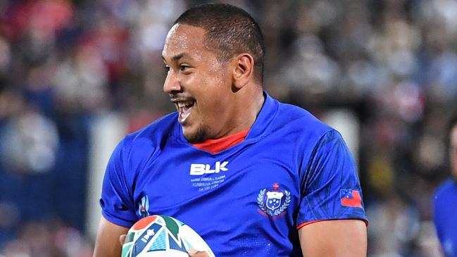 Winger Ed Fidow scored two tries in Samoa’s big win over Russia. Picture: AFP