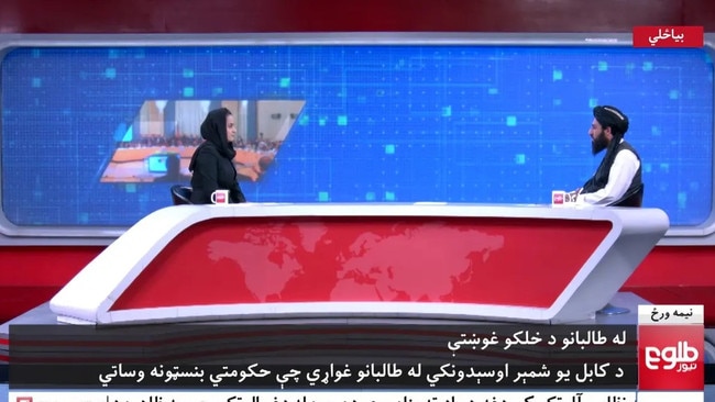 Beheshta Arghand grilling a Taliban spokesman Mawlawi Abdulhaq Hemad. Picture: Supplied