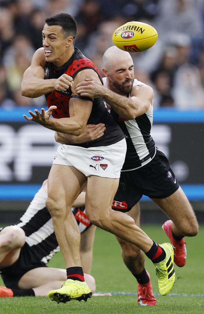 Steele Sidebottom tackles Dylan Shiel on Anzac Day. Picture: Michael Klein