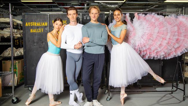 Australian Ballet artistic director David Hallberg, centre, with (from left) principal artist Benedicte Bemet, senior artist Jarryd Madden and principal artist Dimity Azoury. Picture: Mark Stewart