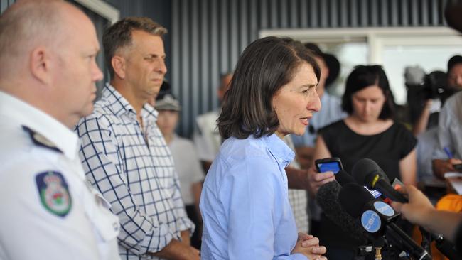 NSW Premier Gladys Berejiklian speaking to media at the Bega fire control centre on Monday. Picture: Perry Duffin