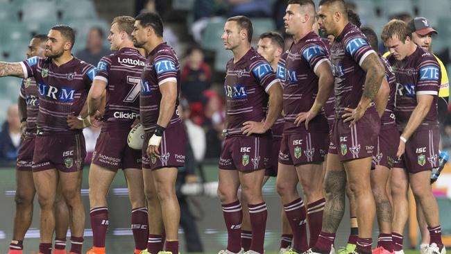Manly players during their season-ending loss to Penrith.