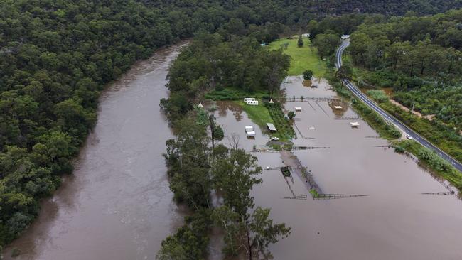 An aerial view of flooded farmland on the Colo River early on Tuesday. Picture: Jenny Evans/Getty Images