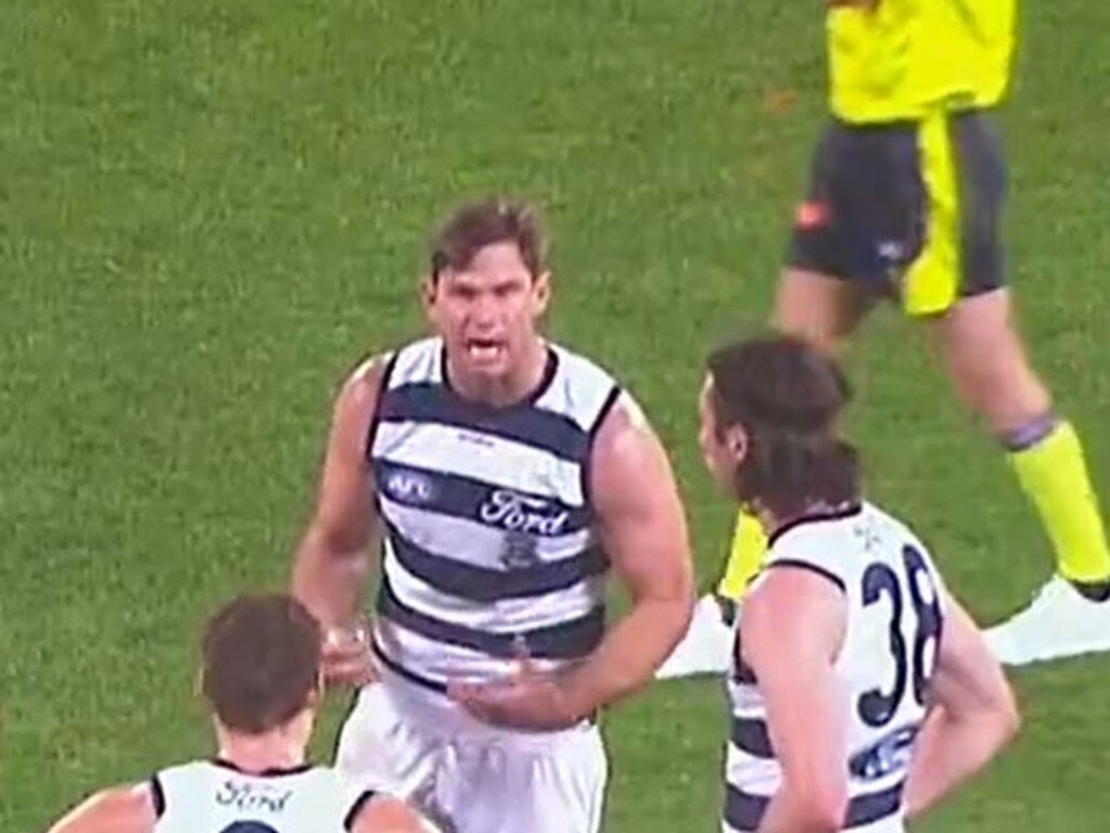 Tom Hawkins gives his defenders a piece of his mind. Picture: Fox Footy