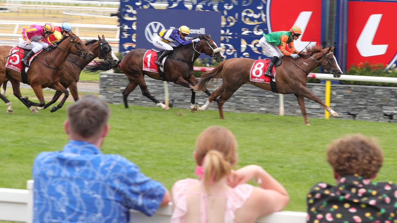 Race three winning horse Capricorn Star ridden by Jamie Mott out front. Picture: Mark Wilson.