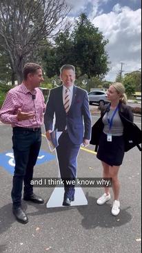 Cameron Dick meets cardboard cut-out Jarrod Bleijie 