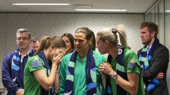 Australian soccer players Steph Catley, Lydia Williams and Alanna Kennedy react as FIFA announced Australia as the hosts to the 2023 FIFA Women's World Cup in June. Picture: Jenny Evans/Getty Images