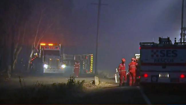 Tragedy... Emergency crews at the scene of last night’s accident. Picture: NineNews