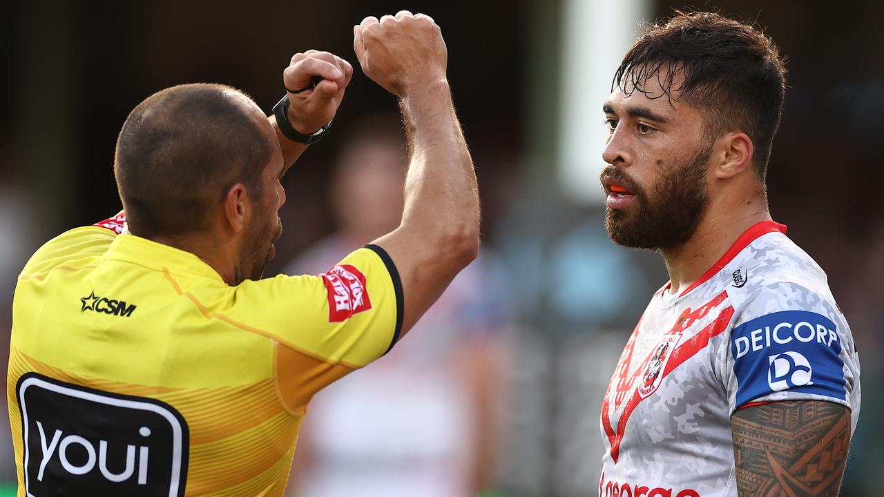 Jordan Pereira of the Dragons is placed on report and sent to the sin bin after a high tackle on James Tedesco.