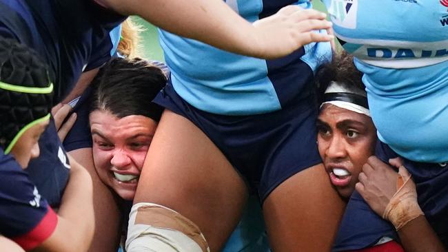 Sera Naiqama (right) of the Waratahs looks on in a scrum during Super W.