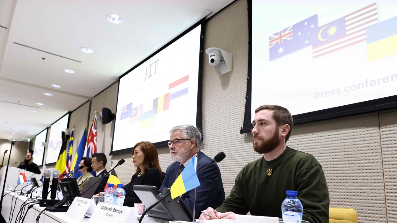 The MH-17 Joint Investigation Team (JIT) gives a press conference on the results of the ongoing investigation into other parties involved in the downing of flight MH17 at EU Agency for Criminal Justice Cooperation HQ in The Hague on February 8, 2023. Picture: Kenzo Tribouillard / AFP.