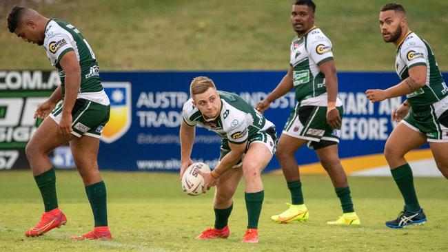 Jets captain Jacob Teevan sets up another attacking play during in the Rugby League Ipswich A-Grade qualifying final. Picture: Bruce Clayton