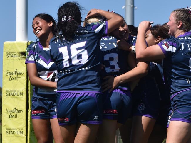 Action from the 2024 Schoolgirls rugby league state grand final between Ipswich SHS and St Mary's Cathedral College. Picture: Eddie Franklin