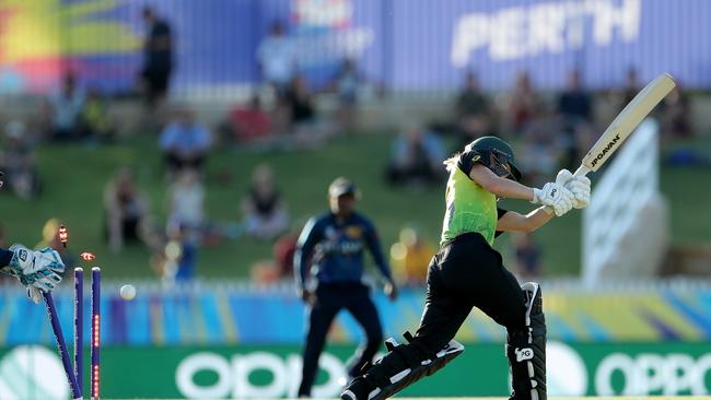 Nicola Carey of Australia is bowled by Chamari Athapaththu of Sri Lanka during the Women's T20 World Cup cricket match between Australia and Sri Lanka at the WACA Ground in Perth, Monday, February 24, 2020. Picture: AAP IMAGE/RICHARD WAINWRIGHT