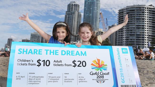 Gabriella 9, and Ariella, 6, on Surfers Paradise beach, look forward to the 2018 Gold Coast  Commonwealth Games.