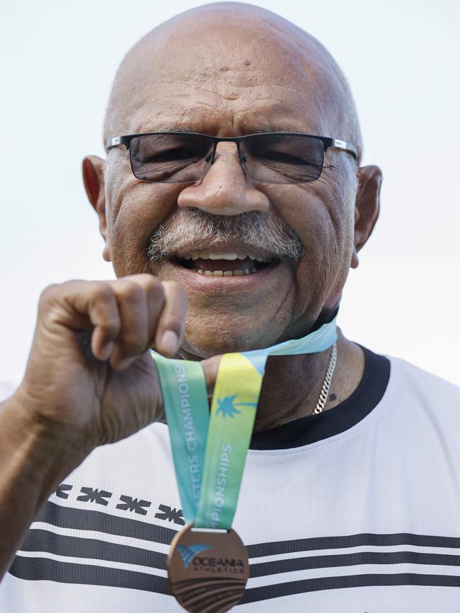 The Fijian Prime Minister competed in the 75-79 age bracket. Picture: Michael Klein