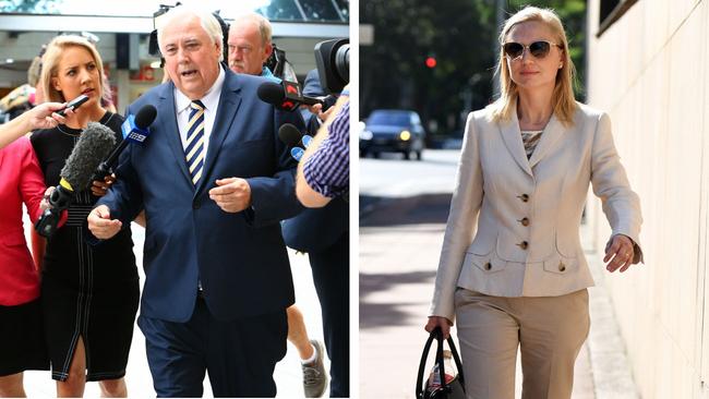 Clive Palmer brushes past reporters outside the Federal Court in Brisbane yesterday, and Anna Palmer leaves the court.