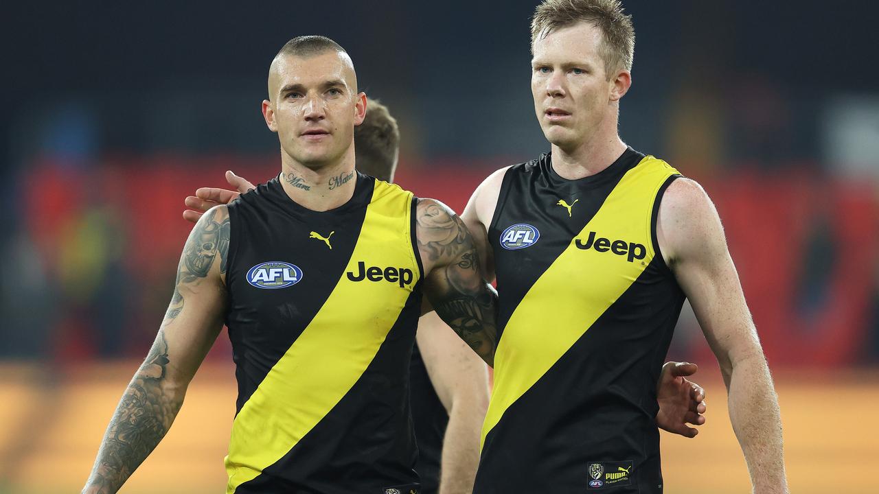 AFL Round 14. Richmond vs West Coast at Metricon Stadium, Gold Coast ..27/08/2020... Dustin Martin and Jack Riewoldt of the Tigers after tonights win . Pic: Michael Klein