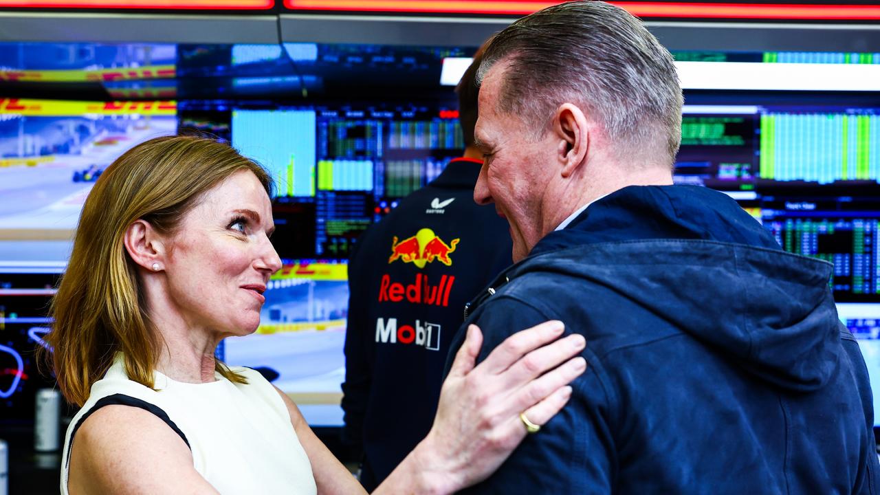 Geri Horner talks with Jos Verstappen in the garage after the F1 Grand Prix of Bahrain. (Photo by Mark Thompson/Getty Images)