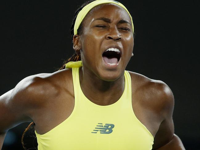 NCA. MELBOURNE, AUSTRALIA. 15th January 2025.   Day 4 Australian Open Tennis at Melbourne Park.  Coco Gauff vs Jodie Burrage on Rod Laver Arena.  Coco Gauff celebrates late in the 3rd set during her 2nd round match against Jodie Burrage  .  Picture: Michael Klein
