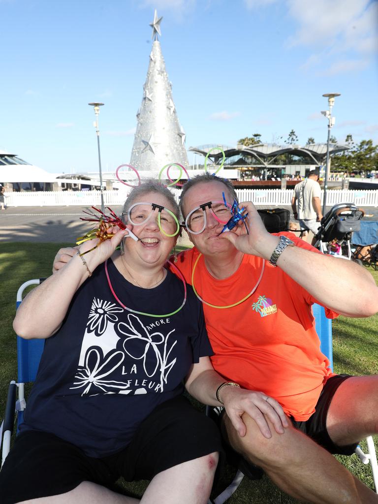 Vicki Giles and Ty Weber. Locals and visitors arrived early to get a good spot for the Geelong New Years Eve celebrations. Picture: Alan Barber