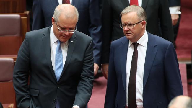 Scott Morrison and Anthony Albanese walking into the Senate for the official opening of the 46th government. Picture: Gary Ramage