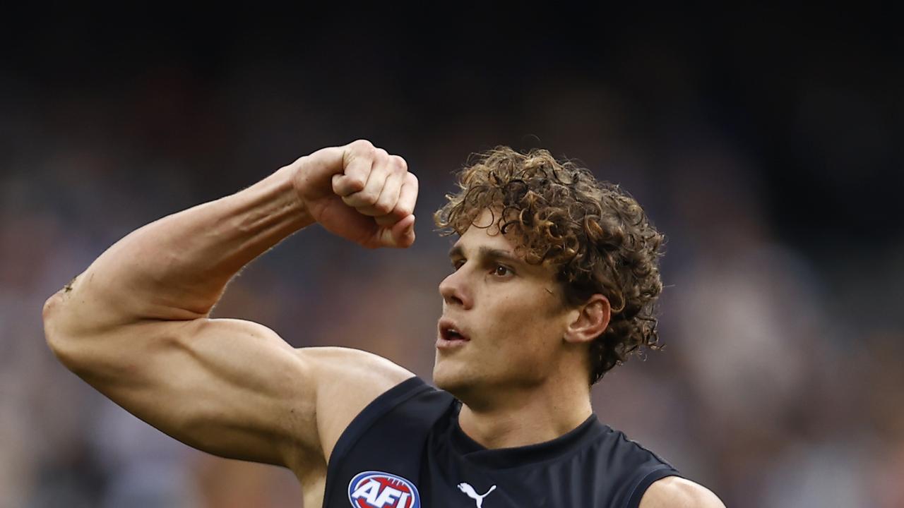 Charlie Curnow of the Blues celebrates a goal during the round 16 AFL match between Hawthorn Hawks and Carlton Blues at Melbourne Cricket Ground, on July 02, 2023, in Melbourne, Australia. (Photo by Darrian Traynor/Getty Images)