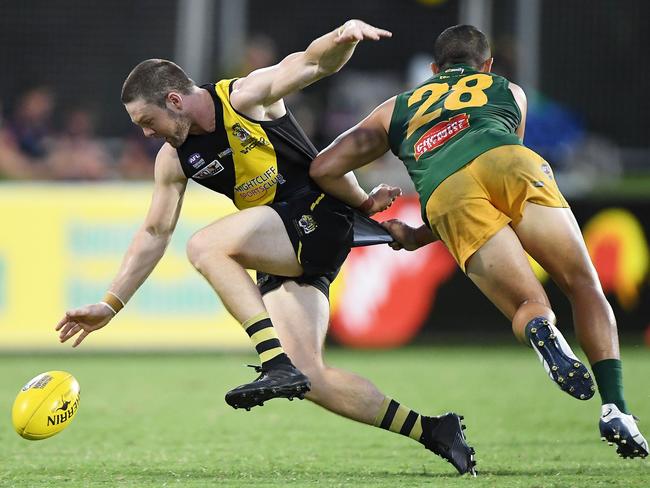 Nightcliff forward Trent Melville looks to retain possession during the 2020-21 NTFL Grand Final. Picture: Felicity Elliott/AFLNT Media