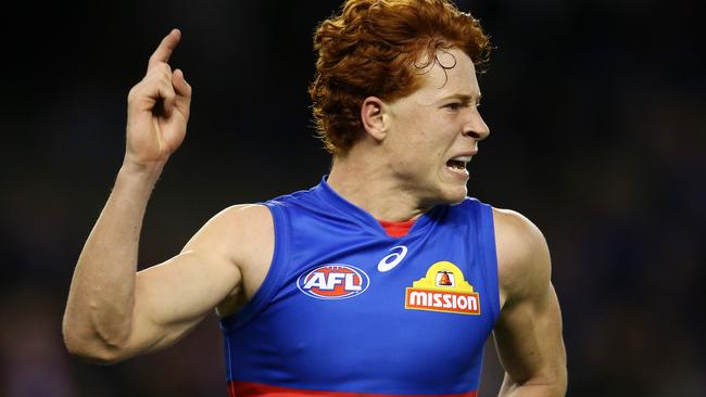 Western Bulldogs’ Ed Richards celebrates his goal in the fourth quarter. Picture: Michael Klein