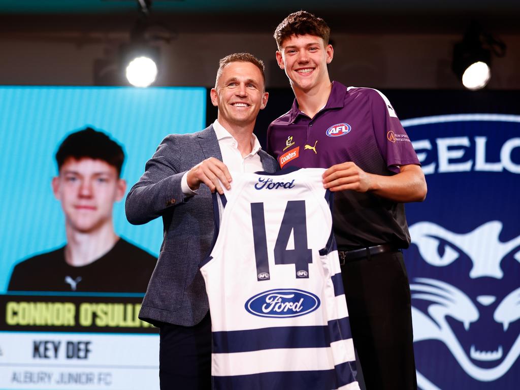 Connor O'Sullivan with Joel Selwood after being drafted to the Cats in 2023. Picture: Michael Willson/AFL Photos via Getty Images