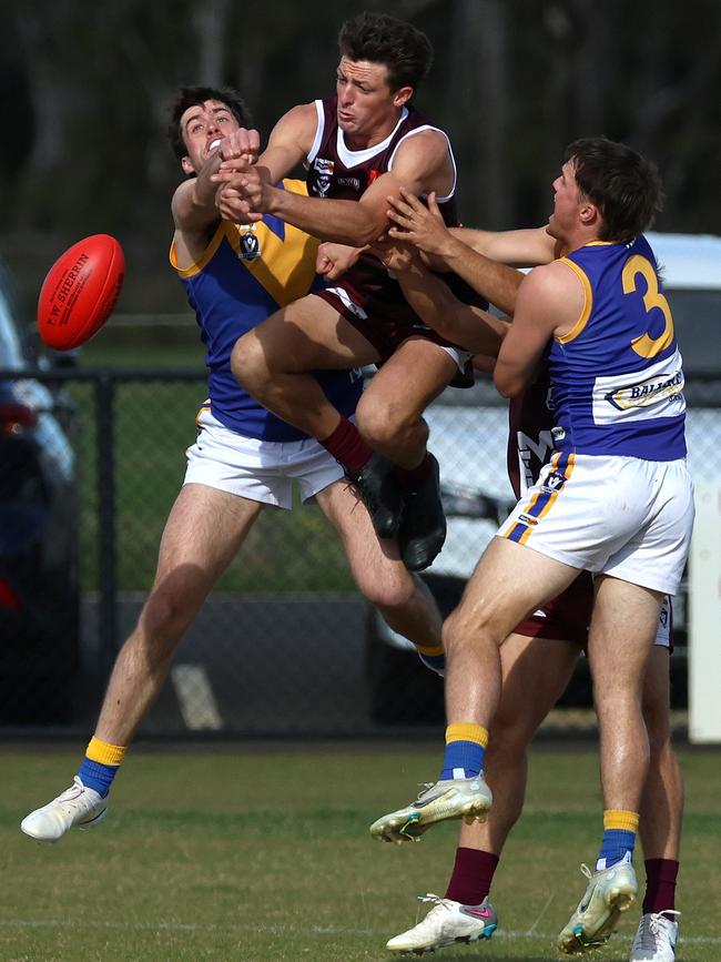 Ballarat: Melton’s Harrison Hanley can’t complete the mark. Picture: Hamish Blair