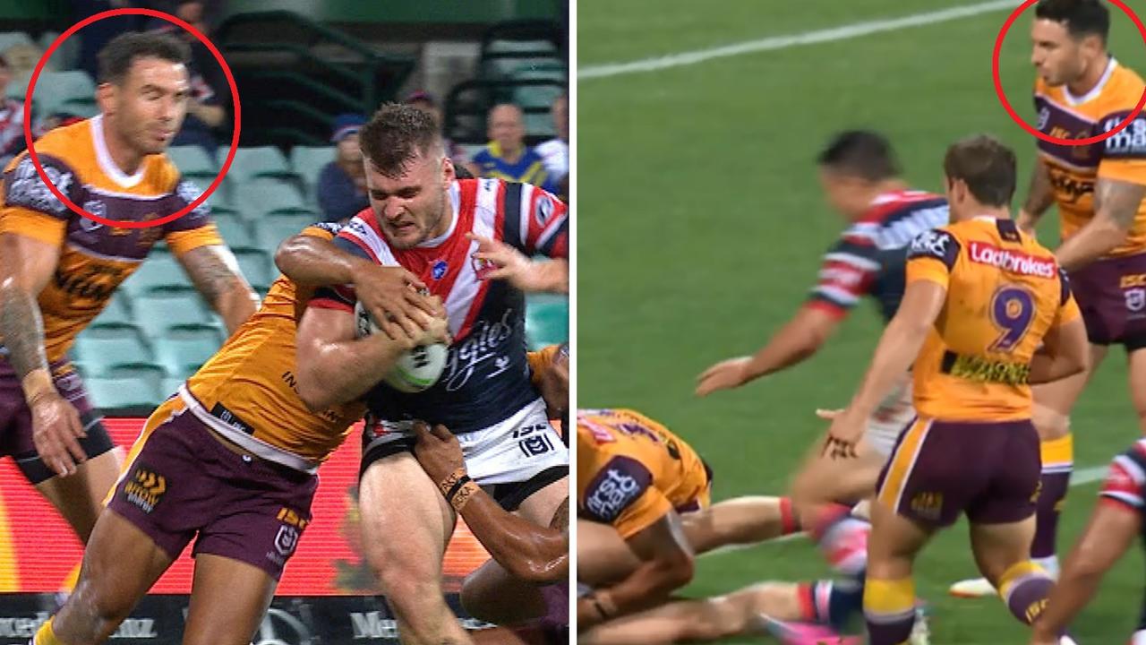 Darius Boyd makes a lazy attempt to stop Angus Crichton at the last line of defence.