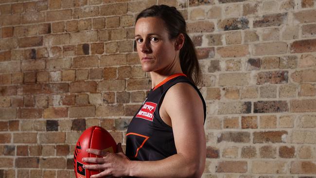 SYDNEY, AUSTRALIA - SEPTEMBER 07: GWS Giants Captain Alicia Eva poses during a Sydney Swans and GWS Giants joint media opportunity ahead of the first AFLW Sydney Derby, at Circular Quay on September 07, 2022 in Sydney, Australia. (Photo by Mark Metcalfe/Getty Images)