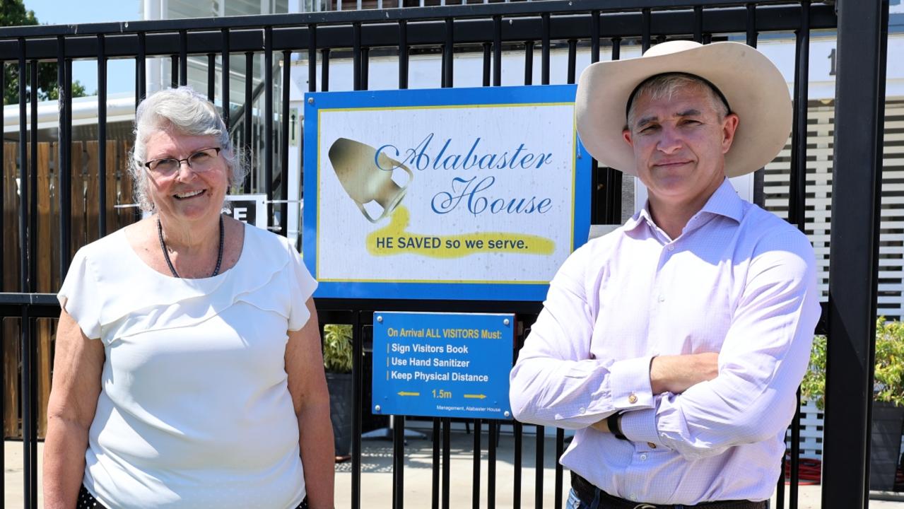 Robyn Girdler and Traeger MP Robbie Katter outside Alabaster House in Townsville. Alabaster House has 29 bedrooms distributed across six houses and accommodate, on average, 40 patients every night. Picture: Supplied