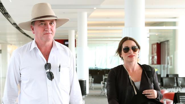 Former Deputy Prime Minister Barnaby Joyce and his partner Vikki Campion pictured at Canberra airport in March. Picture: Kym Smith