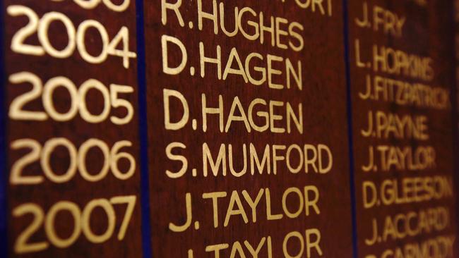 Greater Western Sydney ruckman Shane Mumfords name of the Bunyip Bulldogs honour board as the 2006 best and fairest . Pic: Michael Klein