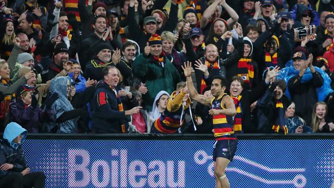 Eddie Betts of the Adelaide Crows celebrates with the fans. Picture: Ben Macmahon