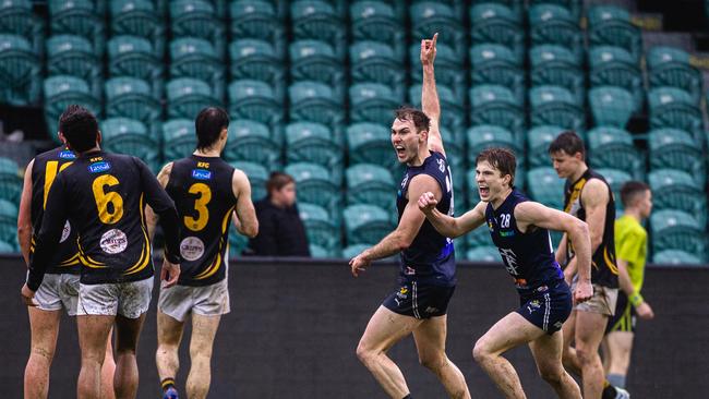 Launceston’s Jackson Thurlow and Bailey Gillow celebrate a goal in the TSL Grand Final 2022 against the Tigers. Picture: Linda Higginson