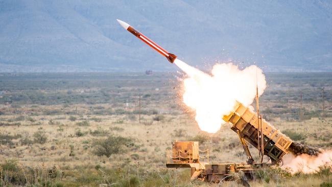 A Patriot surface-to-air missile launcher fires an interceptor during a test at White Sands Missile Range in New Mexico. Picture: Raytheon