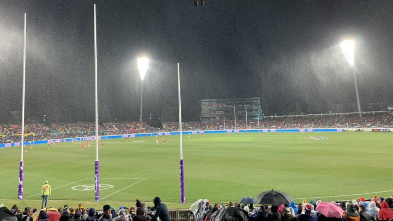 Snow falls in Canberra at Giants v Hawks