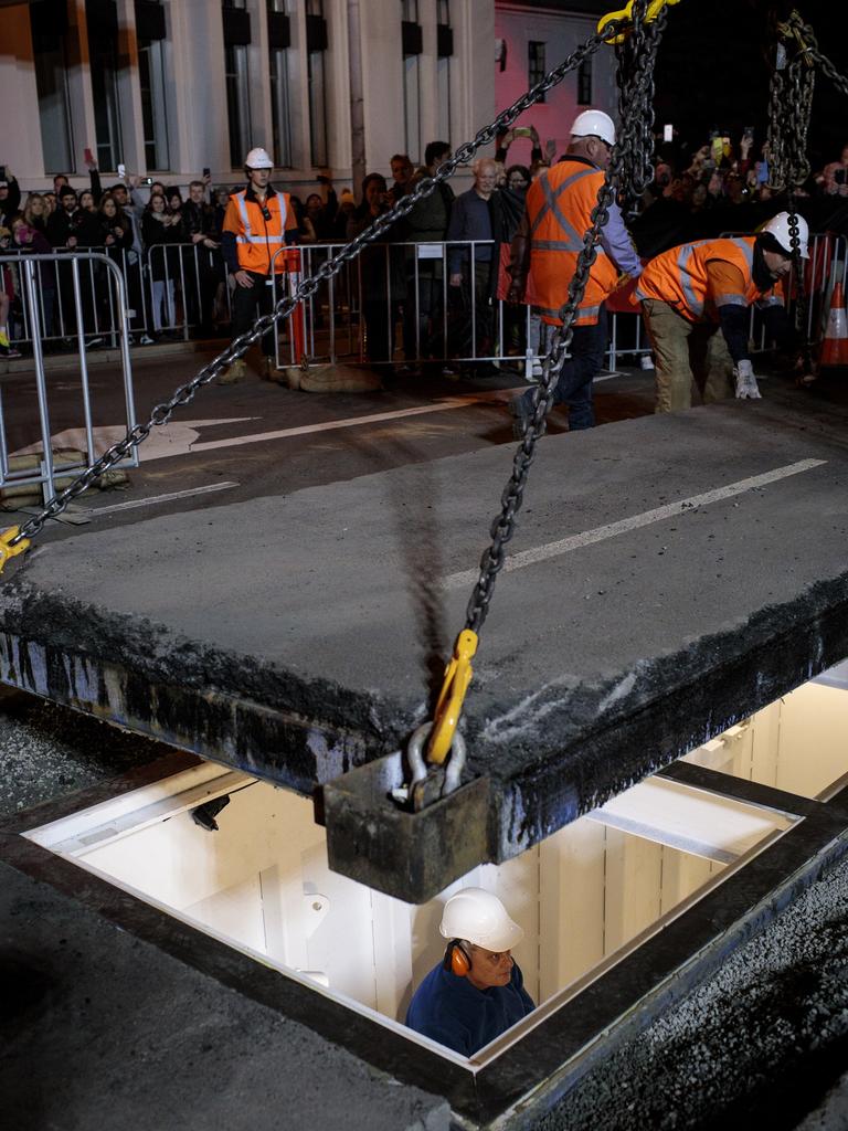 Mike Parr art installation for Dark Mofo: He his buried under Macquarie St Hobart. Picture: DARK MOFO