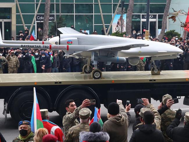 A Bayraktar TB2 drone during a December military parade in Baku, Azerbaijan, that celebrated the regaining of territory long held by Russian-backed Armenian forces. VALERY SHARIFULIN/TASS/ZUMA PRESS