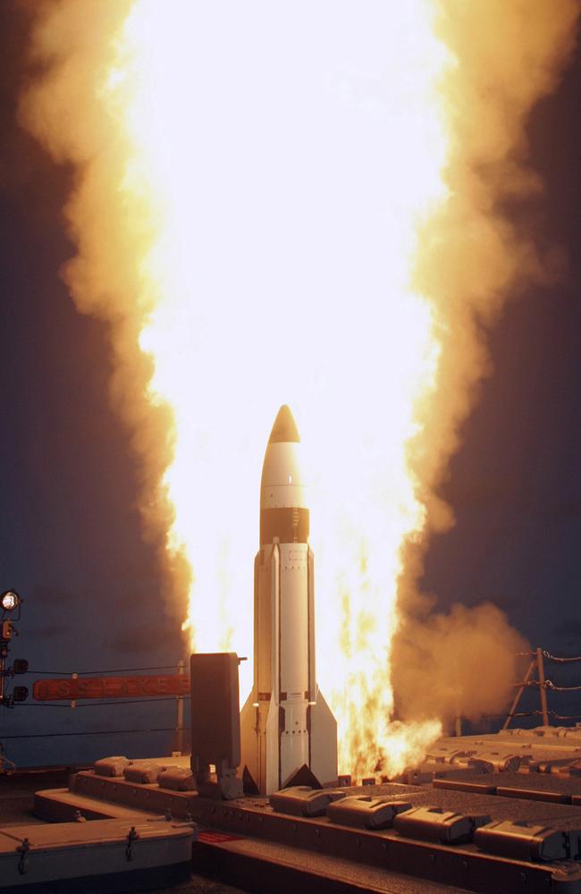 A Standard Missile Three (SM-3) being launched from the vertical launch system (VLS) aboard the Pearl Harbor based Aegis cruiser USS Lake Erie during a ballistic missile interception test. Picture: US Navy