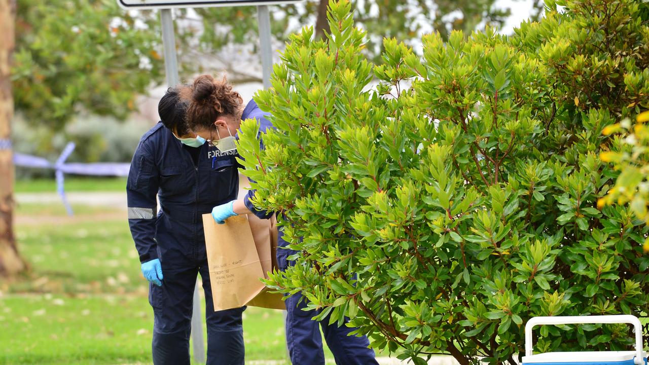 Detectives were seen peering into a brown evidence bag. Picture: NCA NewsWire / Nicki Connolly