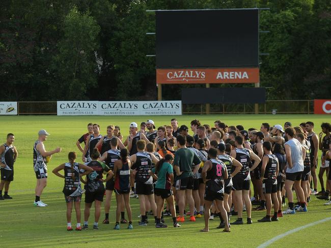 Gary Ablett Jr chats to all the teams at his first training with Palmerston Magpies ahead of his first game in the NTFL. Picture: (A)manda Parkinson