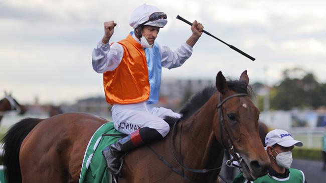 Hugh Bowman on Montefilia after bringing up his 100th Group 1 win. Picture: Getty Images