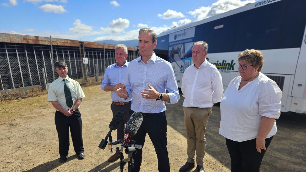 Infrastructure and Transport Minister Michael Ferguson announcing the bus fare discounts at Huonville this morning. Picture: David Killick