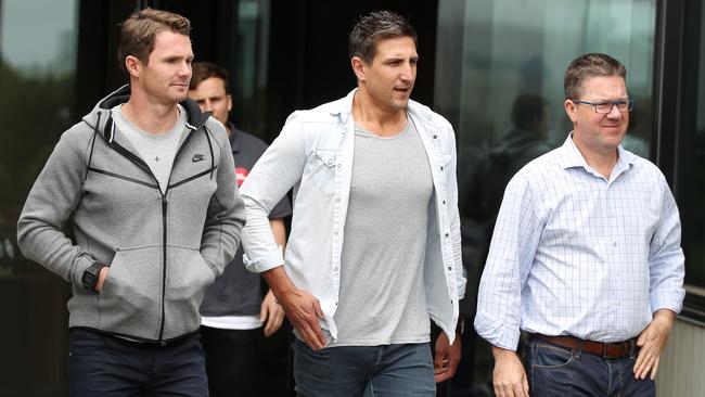 AFLPA board member Patrick Dangerfield, president Matthew Pavlich and CEO Paul Marsh. Picture: Alison Wynd